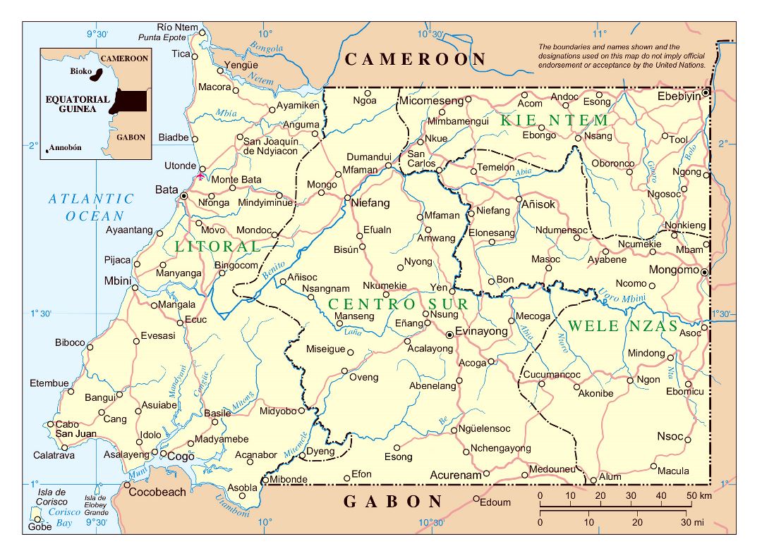 Large detailed political and administrative map of Equatorial Guinea with roads and cities