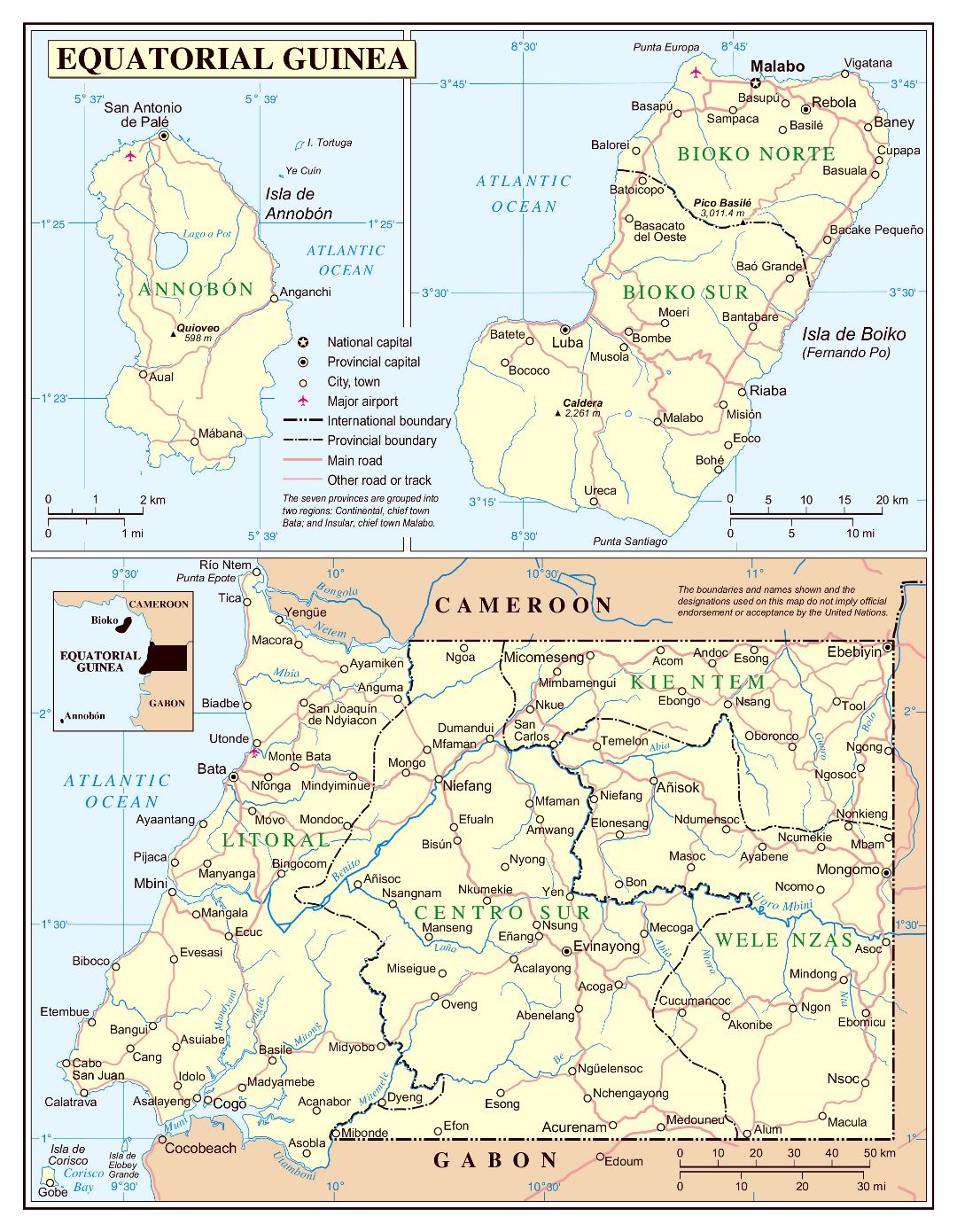 Large detailed political and administrative map of Equatorial Guinea with roads, cities and airports