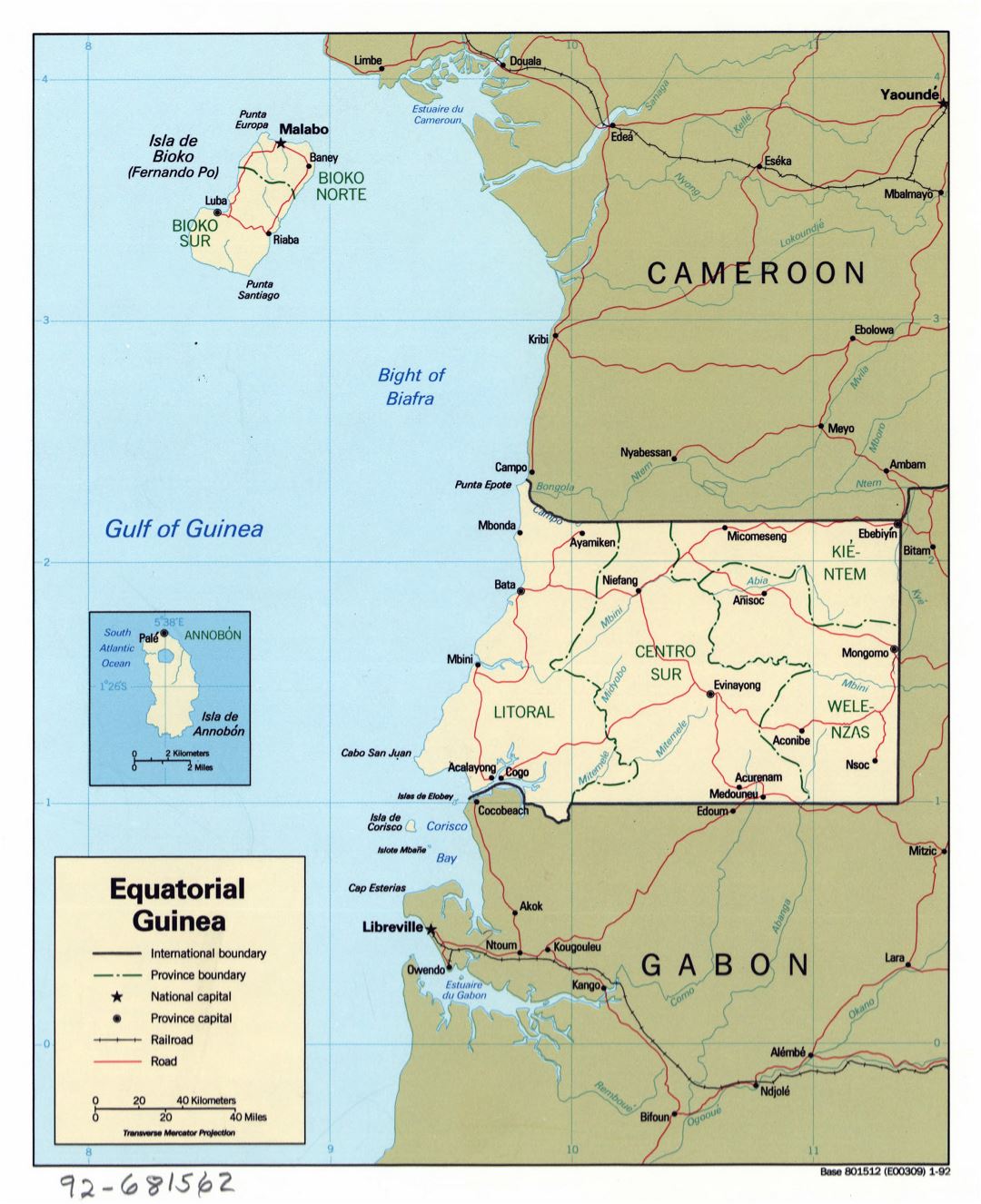 Large detailed political and administrative map of Equatorial Guinea with roads, railroads and major cities - 1992