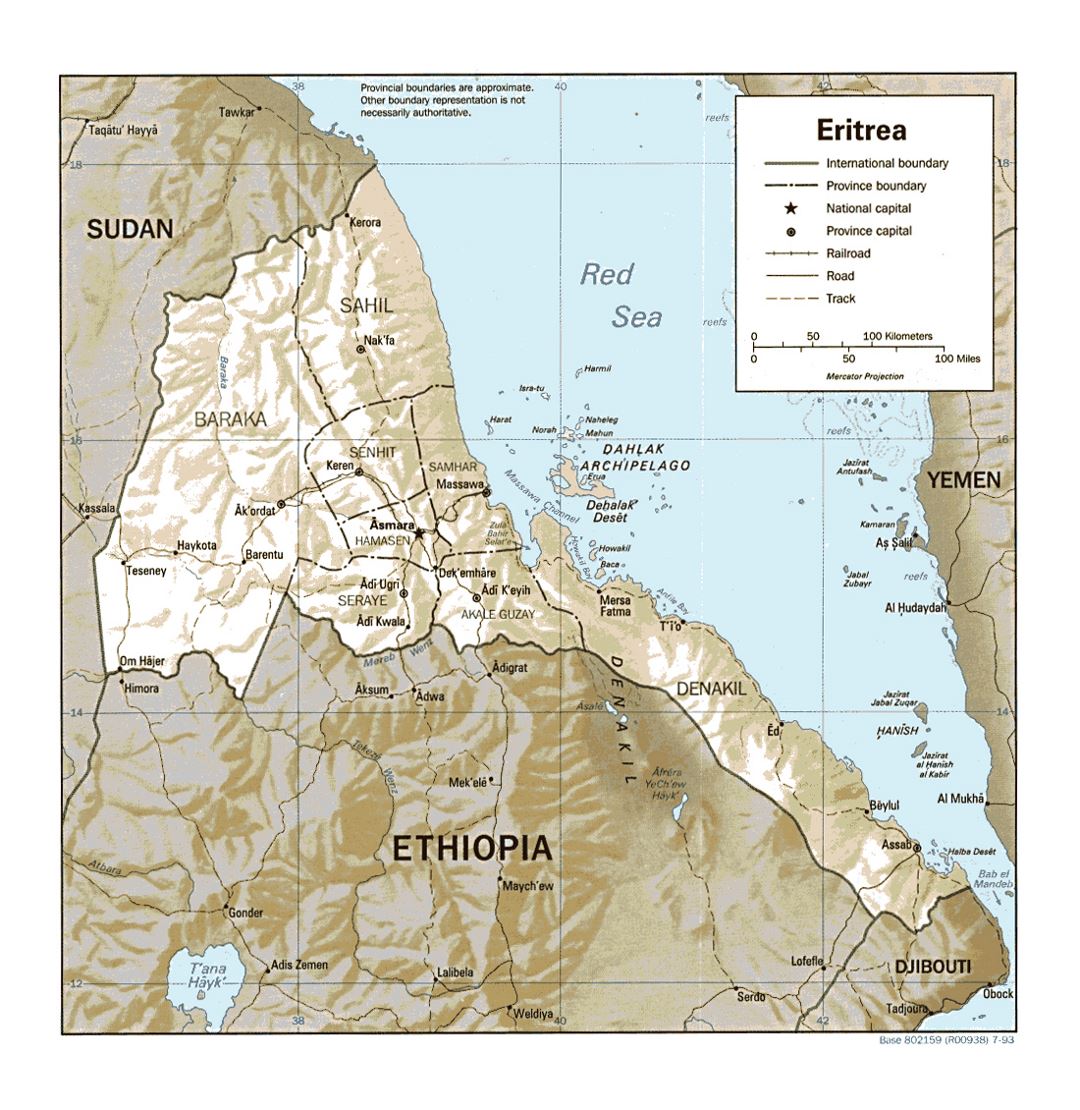 Detailed political and administrative map of Eritrea with relief, roads, railroads and major cities - 1993