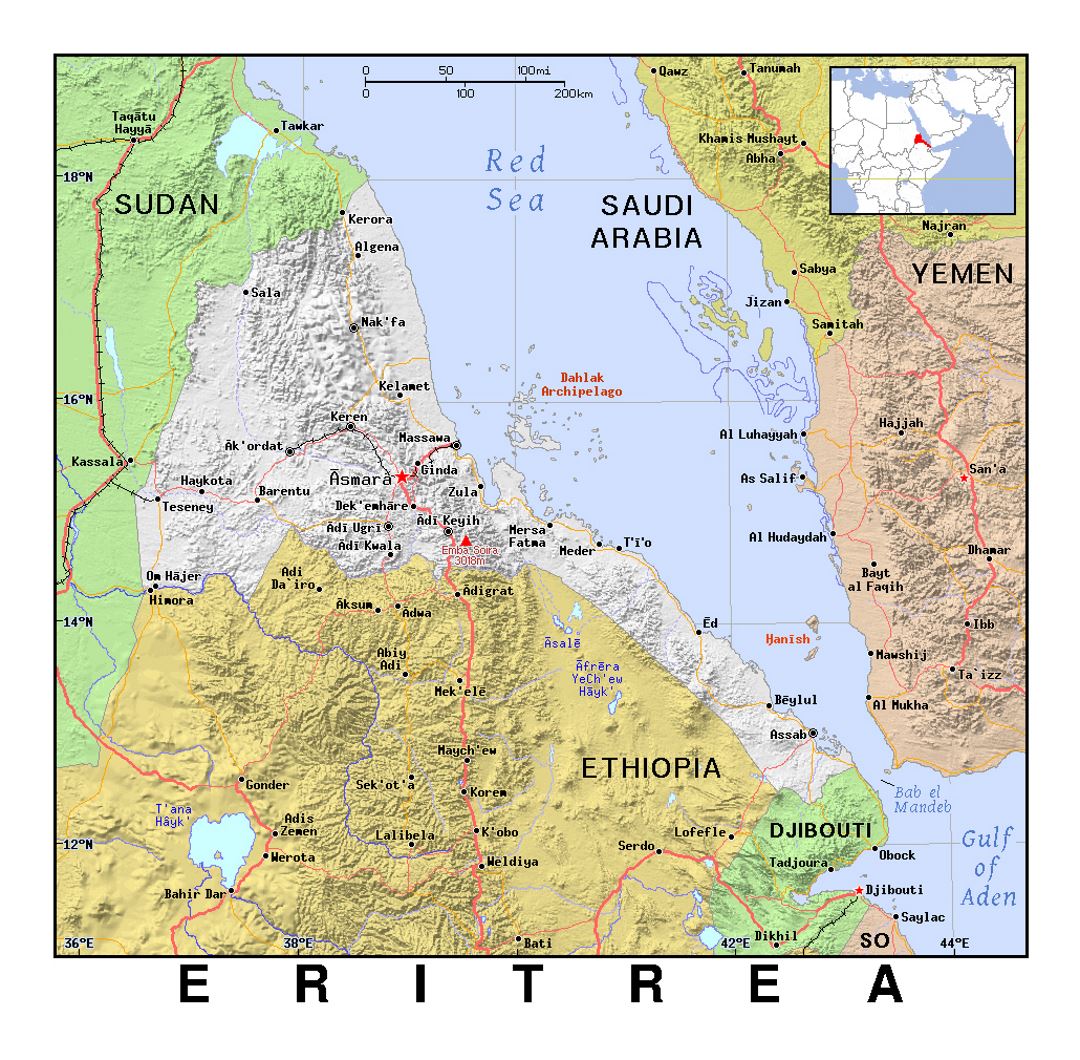 Detailed political map of Eritrea with relief