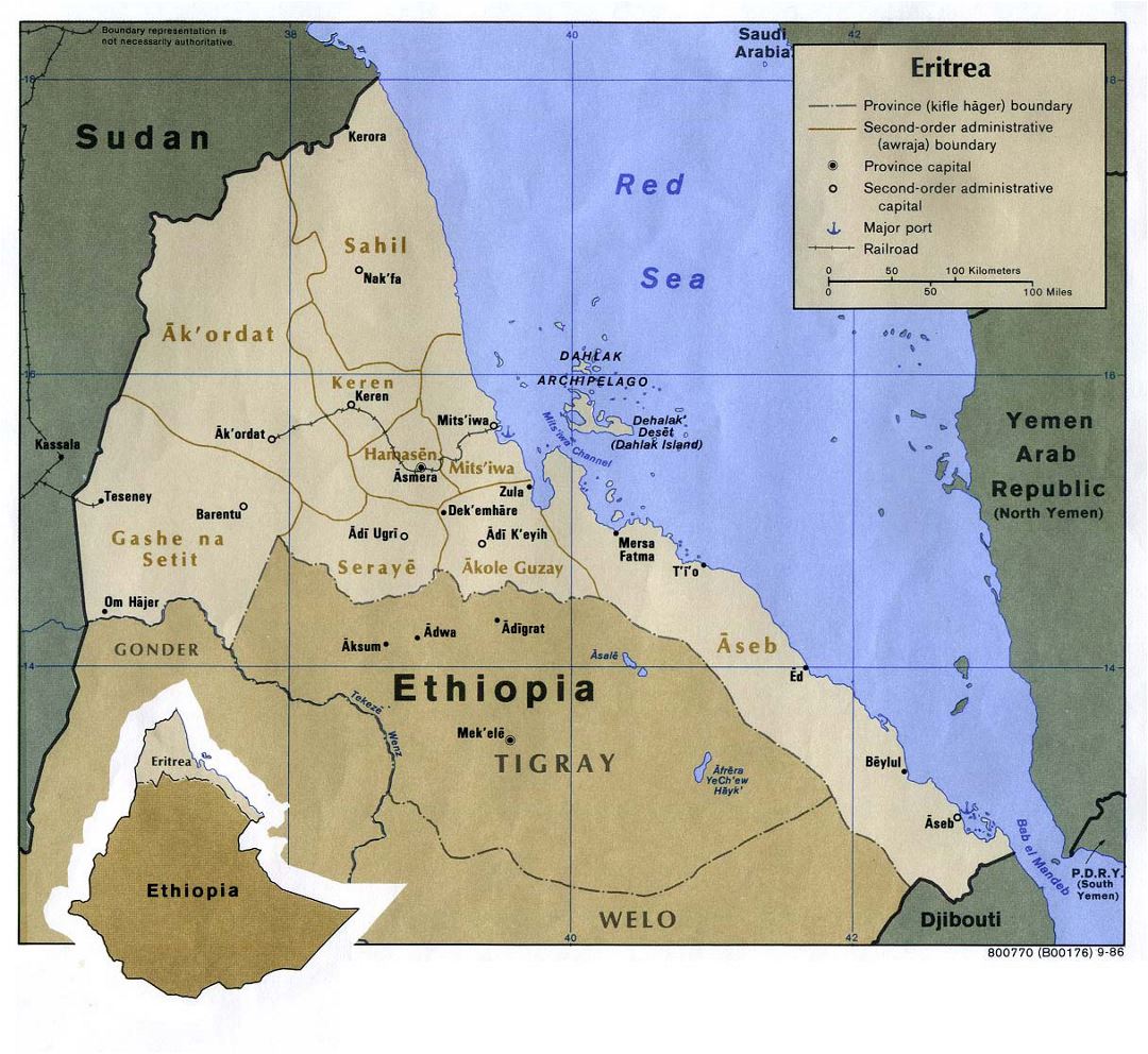Detailed political map of Eritrea with roads, railroads, ports and major cities - 1986