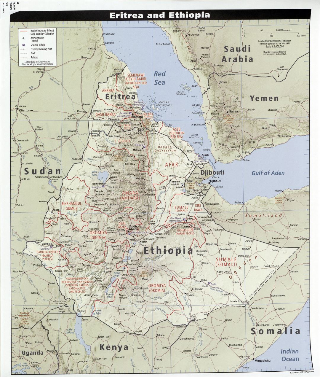 Large detailed political and administrative map of Eritrea and Ethiopia with relief, roads, railroads, airports and cities - 2009