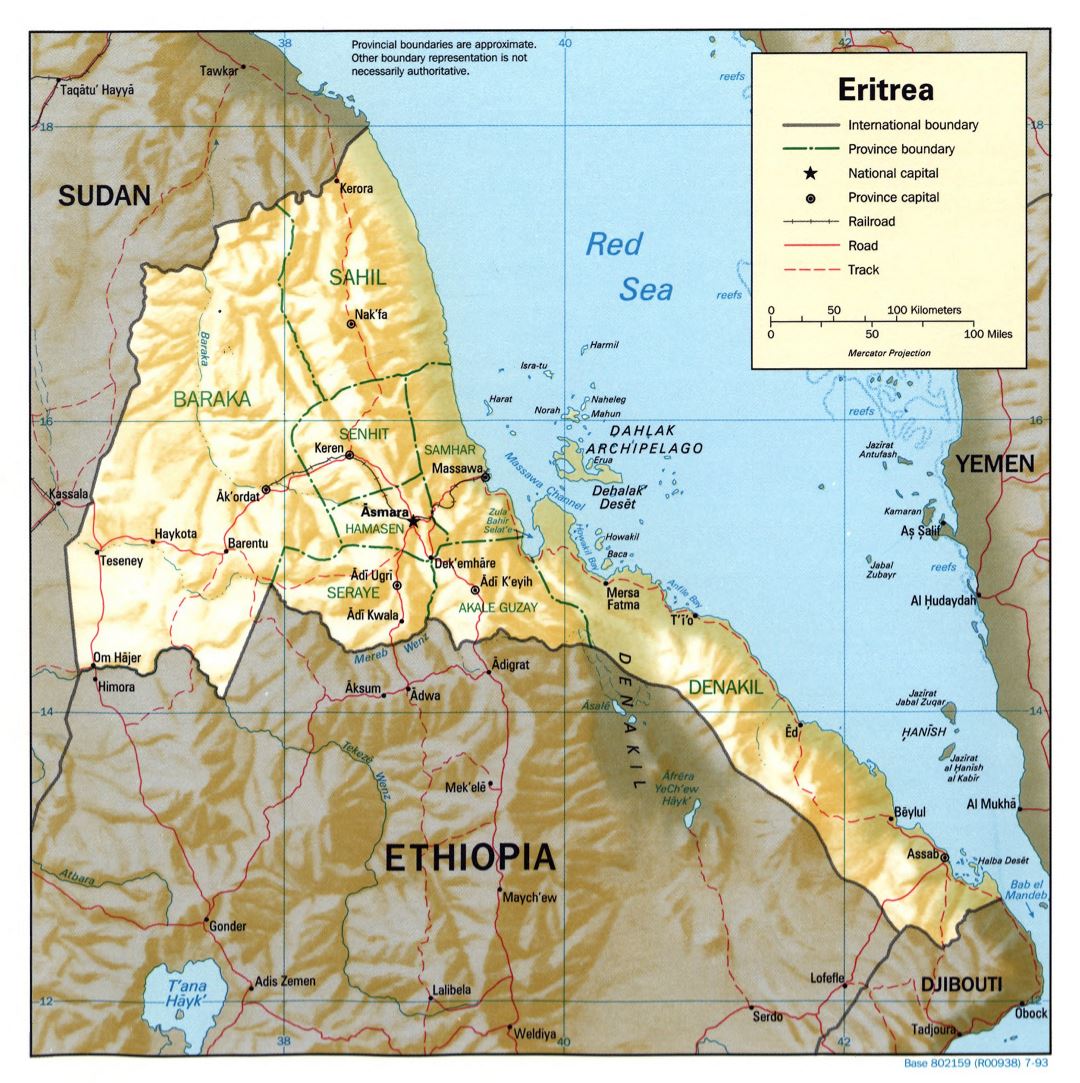 Large detailed political and administrative map of Eritrea with relief, roads, railroads and major cities - 1993