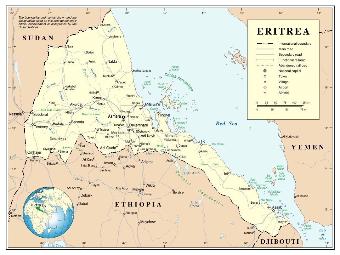 Large detailed political and administrative map of Eritrea with roads, railroads, cities and airports