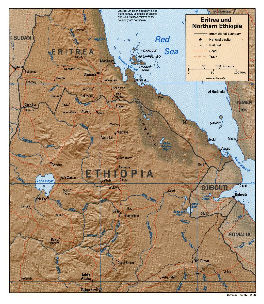 Large detailed political map of Eritrea and Northern Ethiopia with relief, roads, railroads and major cities - 1999