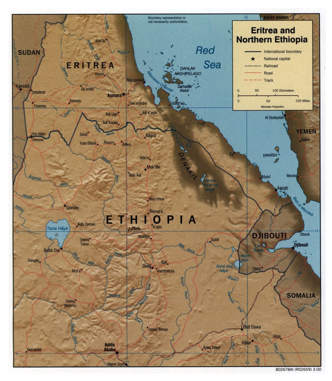Large detailed political map of Eritrea and Northern Ethiopia with relief, roads, railroads and major cities - 2000