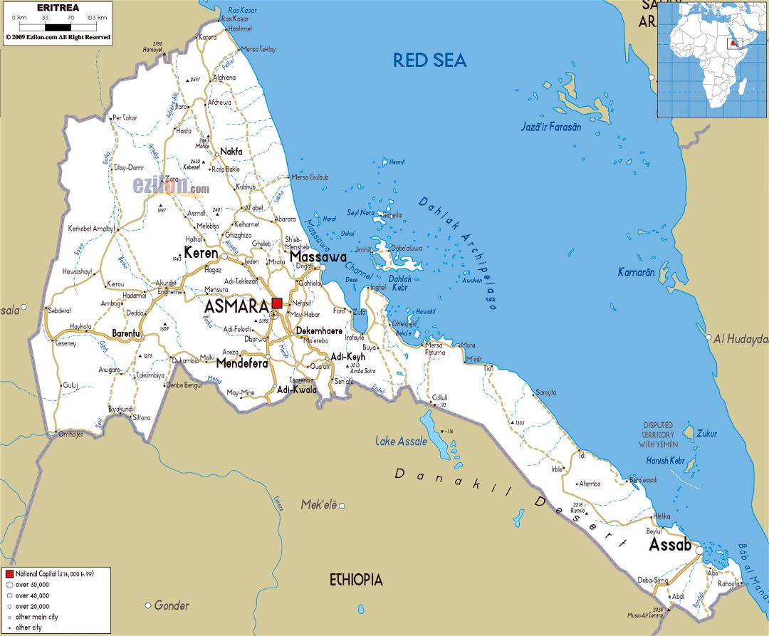 Large road map of Eritrea with cities and airports