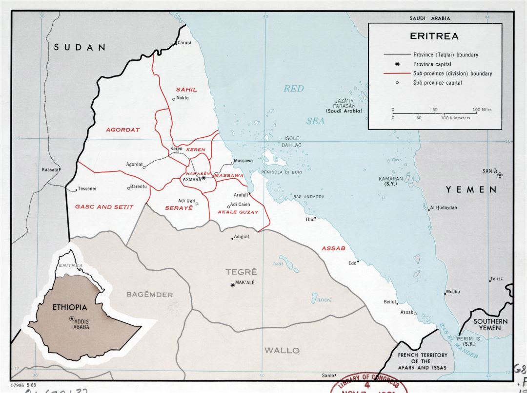 Large scale political and administrative map of Eritrea with major cities - 1968