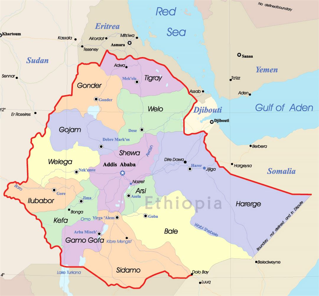 Detailed political and administrative map of Ethiopia