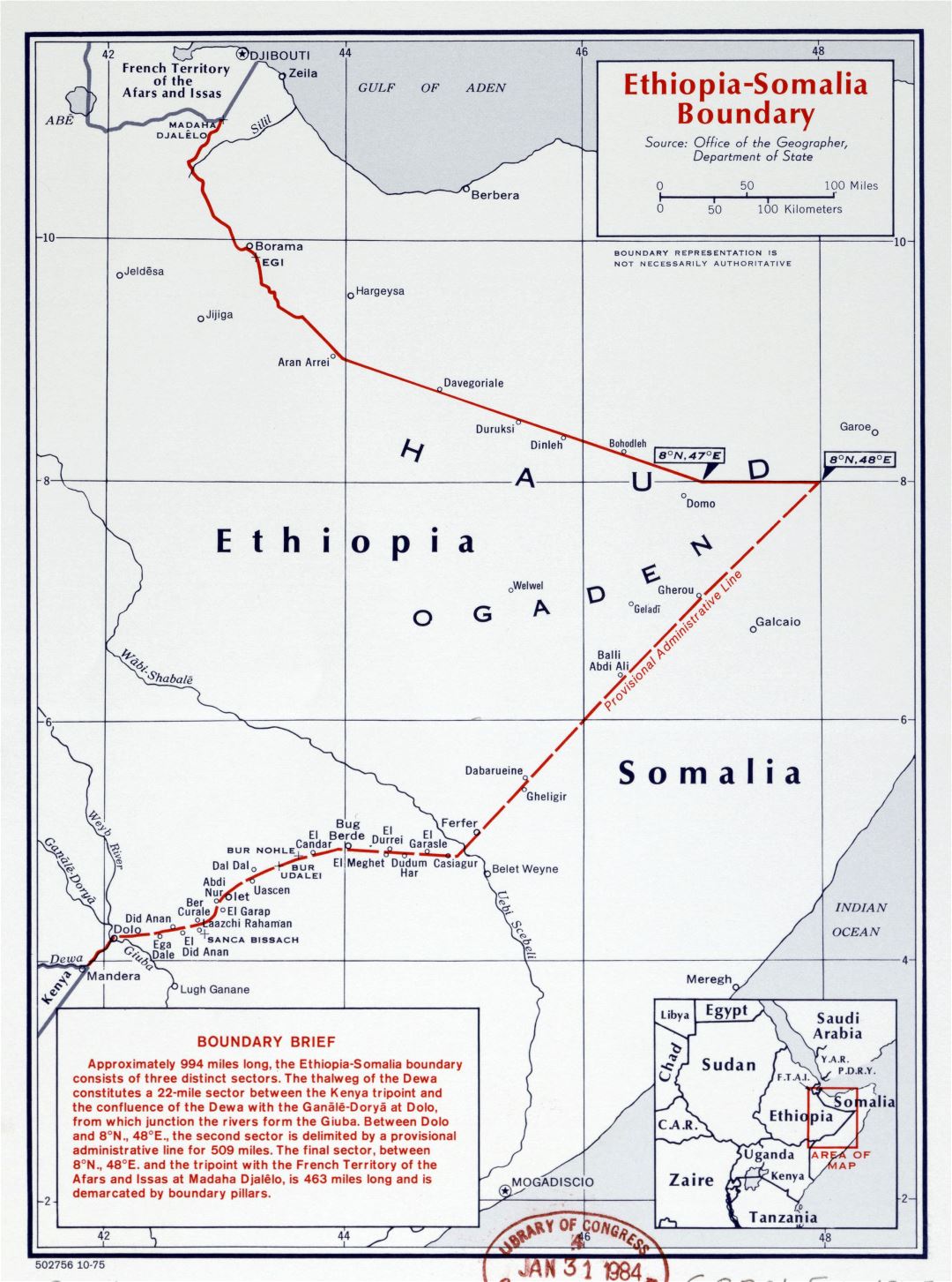 Large detailed map of Ethiopia-Somalia Boundary - 1975