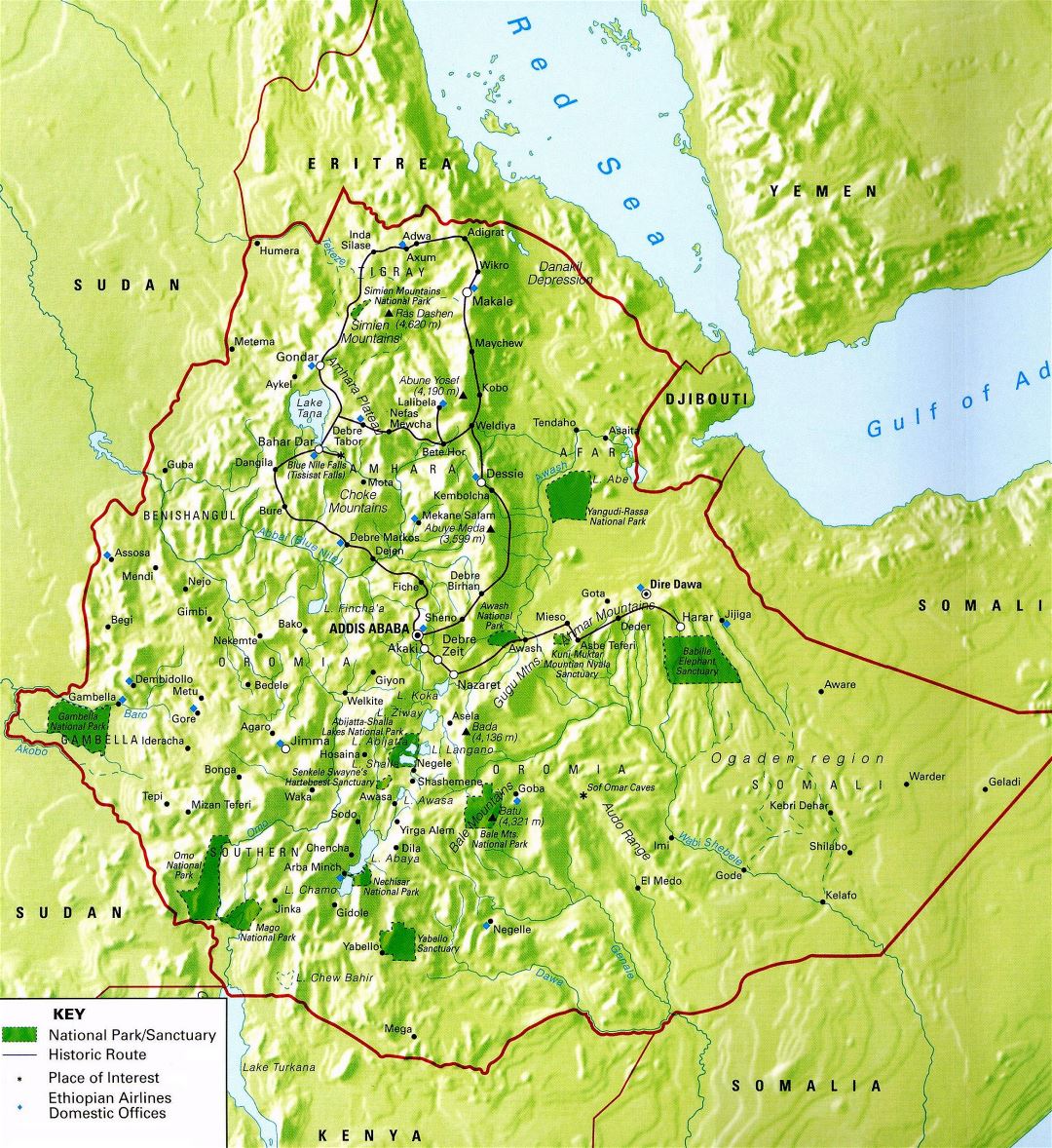 Large detailed national parks and points of interests map of Ethiopia
