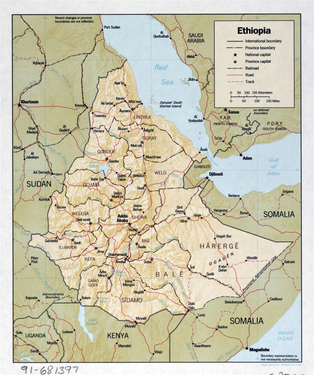 Large detailed political and administrative map of Ethiopia with relief, roads, railroads and cities - 1990