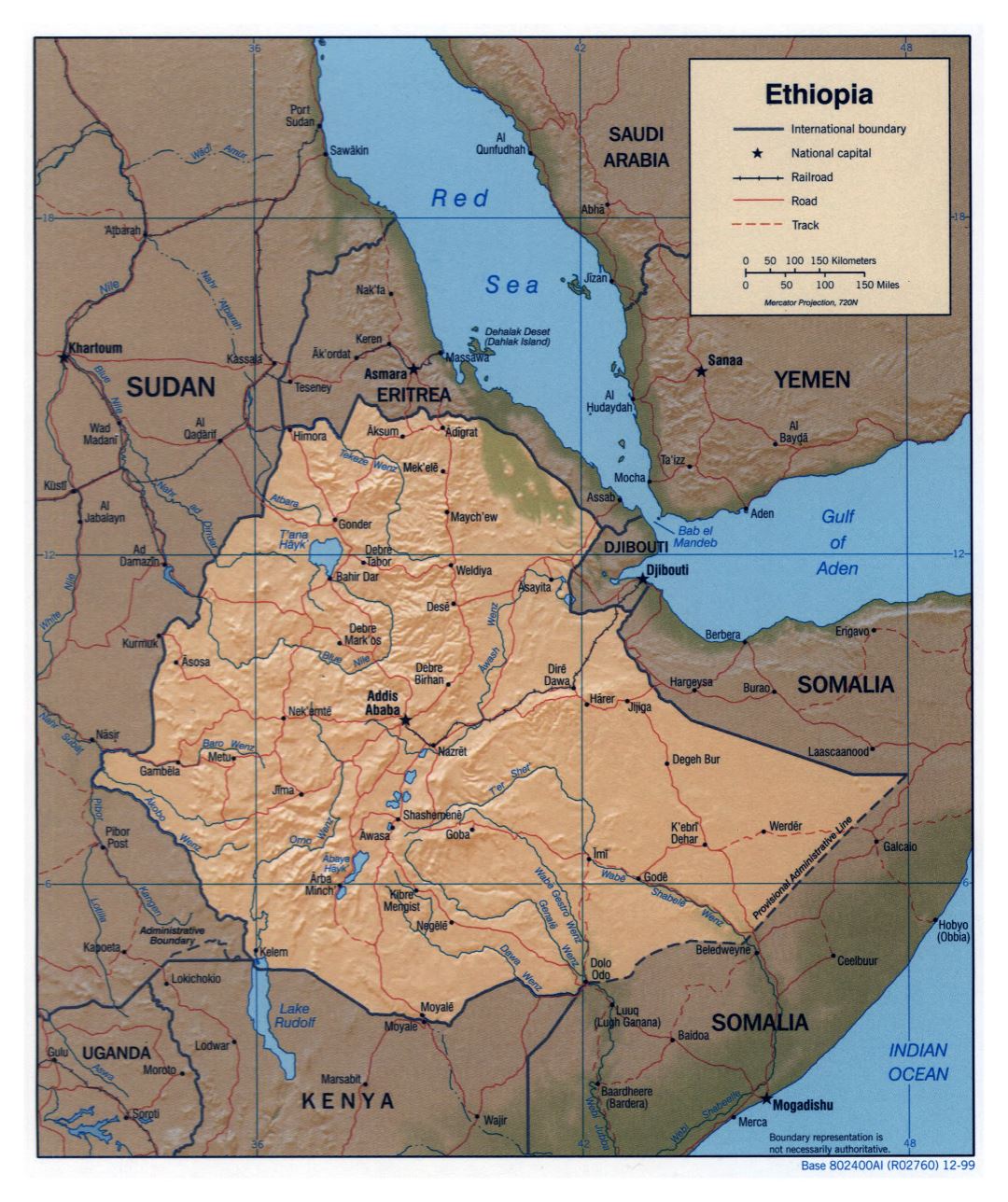 Large detailed political map of Ethiopia with relief, roads, railroads and major cities - 1999