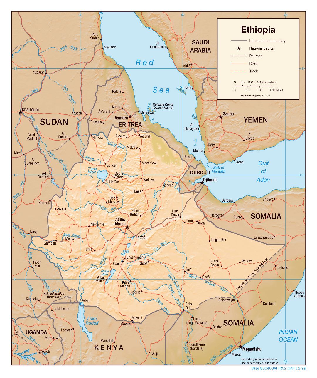 Large detailed political map of Ethiopia with relief, roads, railroads and major cities - 2000