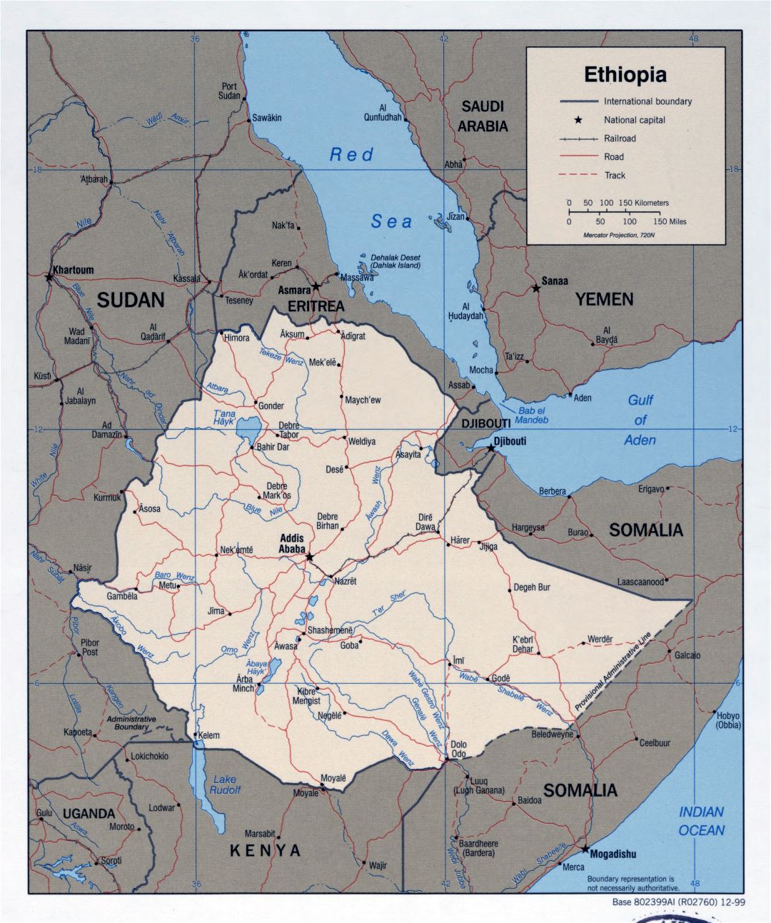 Large detailed political map of Ethiopia with roads, railroads and major cities - 1999