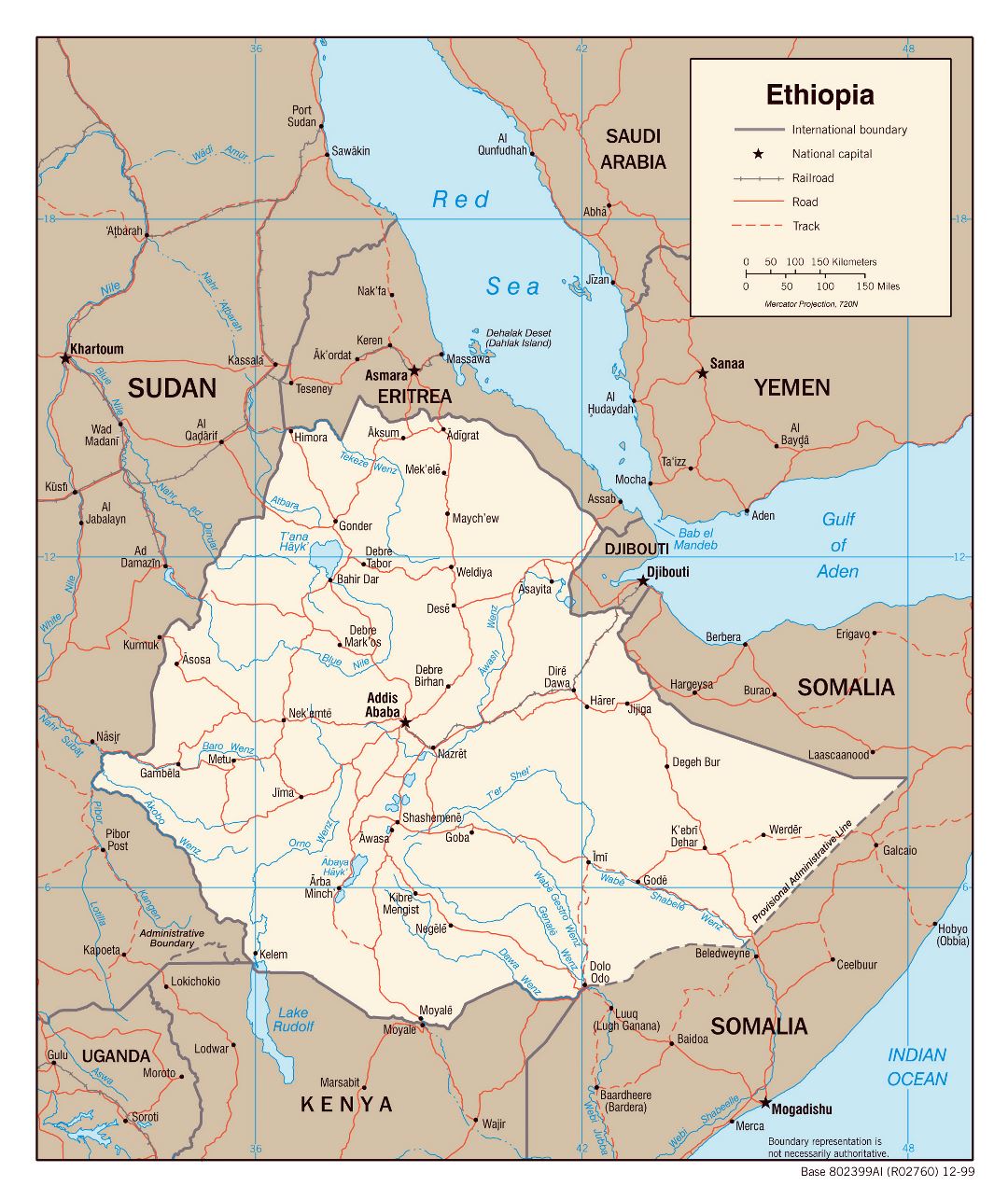 Large detailed political map of Ethiopia with roads, railroads and major cities - 2000