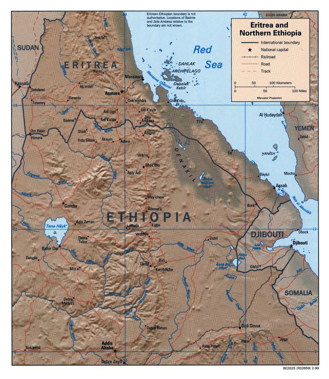 Large detailed political map of Northern Ethiopia and Eritrea with relief, roads, railroads and major cities - 1999