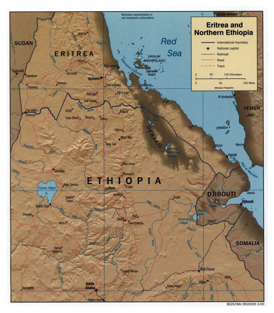 Large detailed political map of Northern Ethiopia and Eritrea with relief, roads, railroads and major cities - 2000
