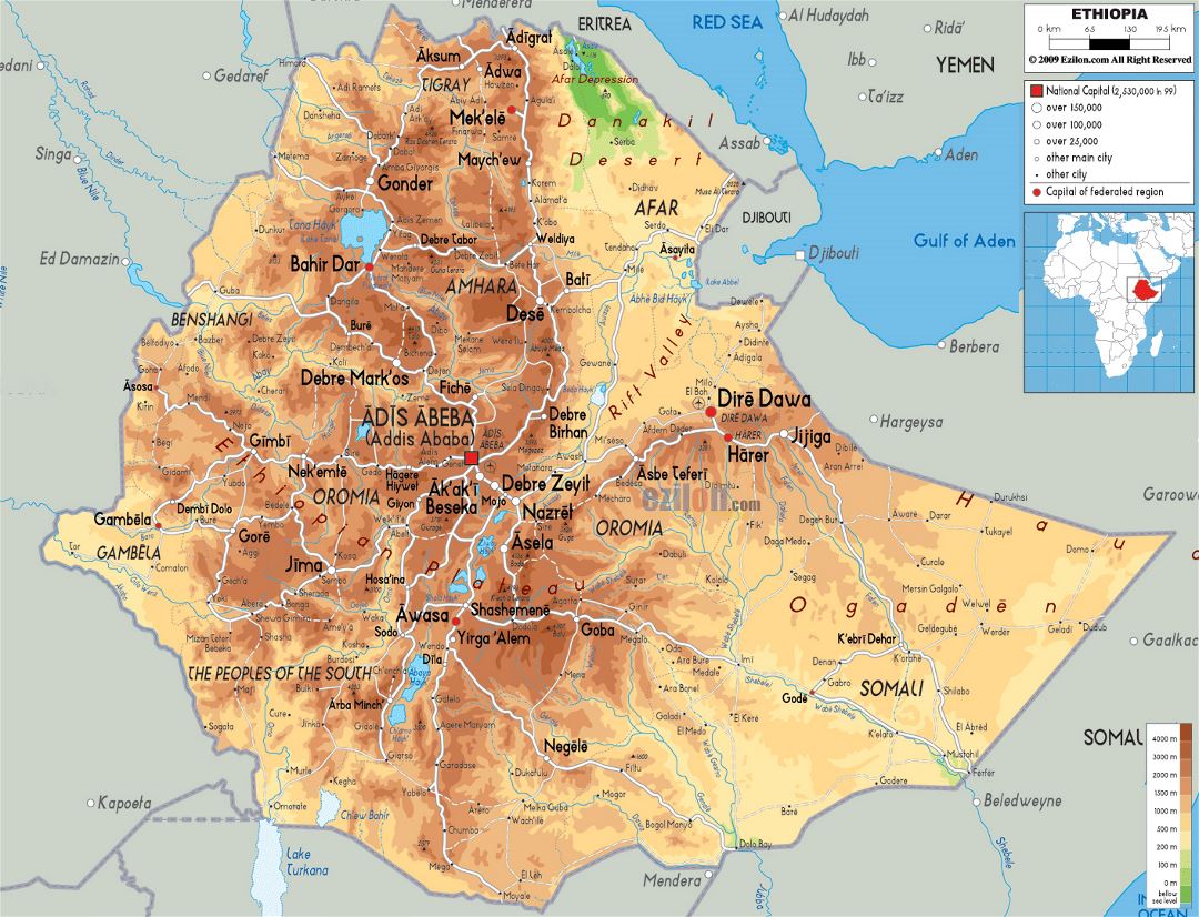 Large physical map of Ethiopia with roads, cities and airports