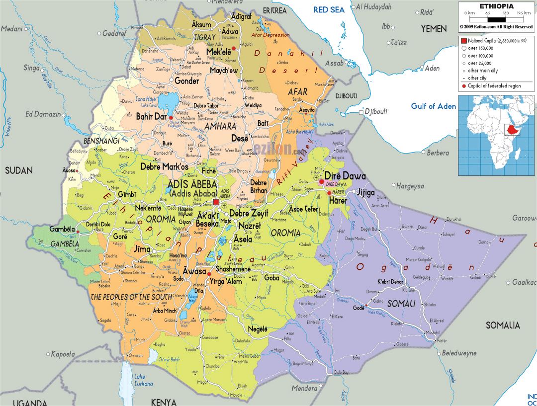 Large political and administrative map of Ethiopia with roads, cities and airports