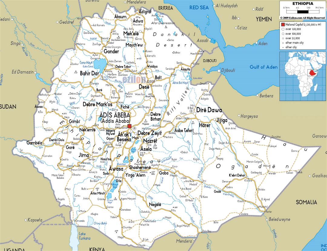 Large road map of Ethiopia with cities and airports