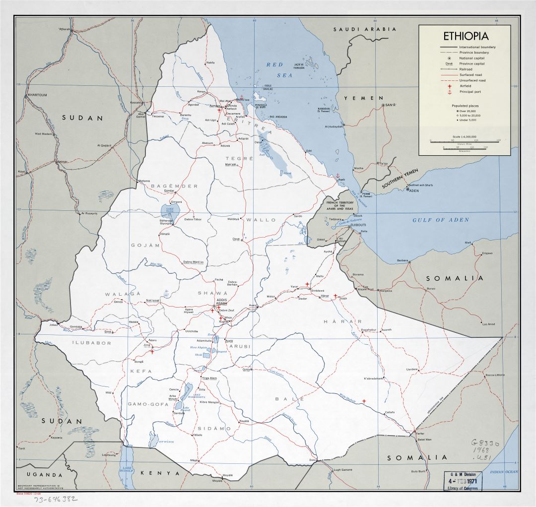 Large scale detailed political and administrative map of Ethiopia with roads, railroads, major cities, ports and airports - 1968