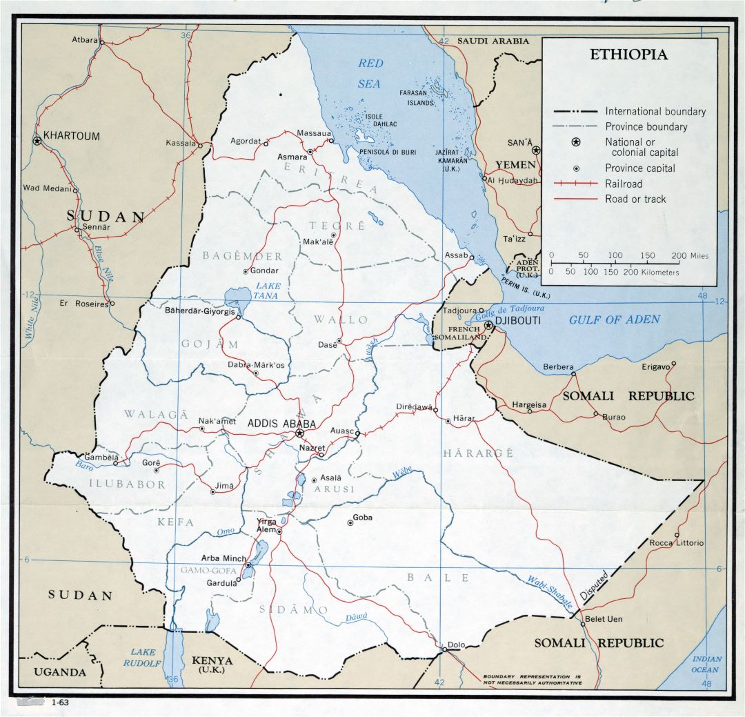 Large scale political and administrative map of Ethiopia with roads, railroads and major cities - 1963