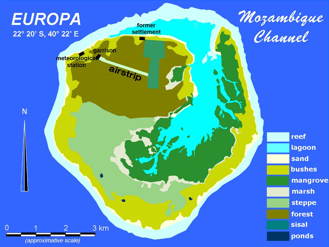 Large detailed map of Europa Island with other marks
