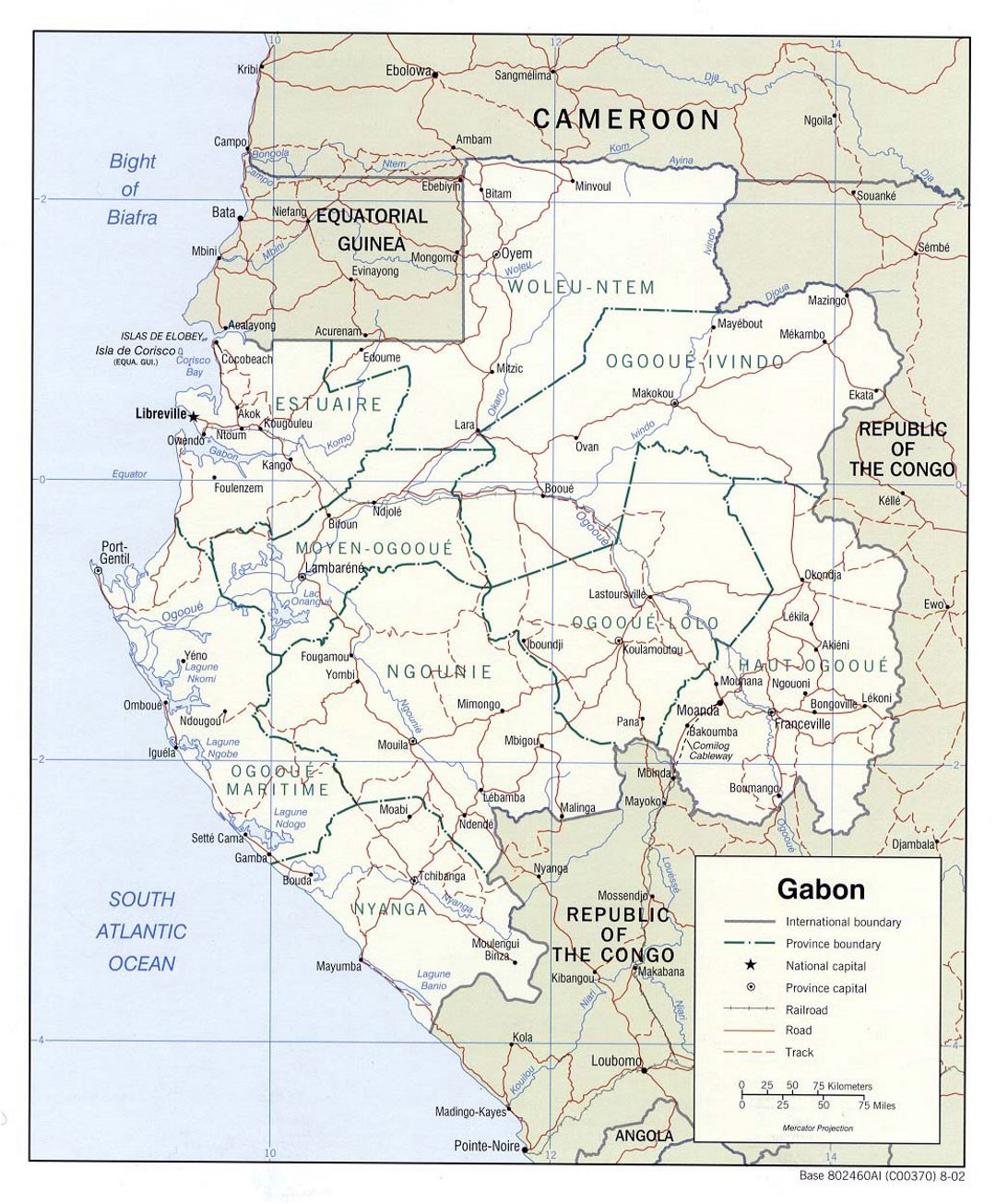 Detailed political and administrative map of Gabon with roads, railroads and major cities - 2002