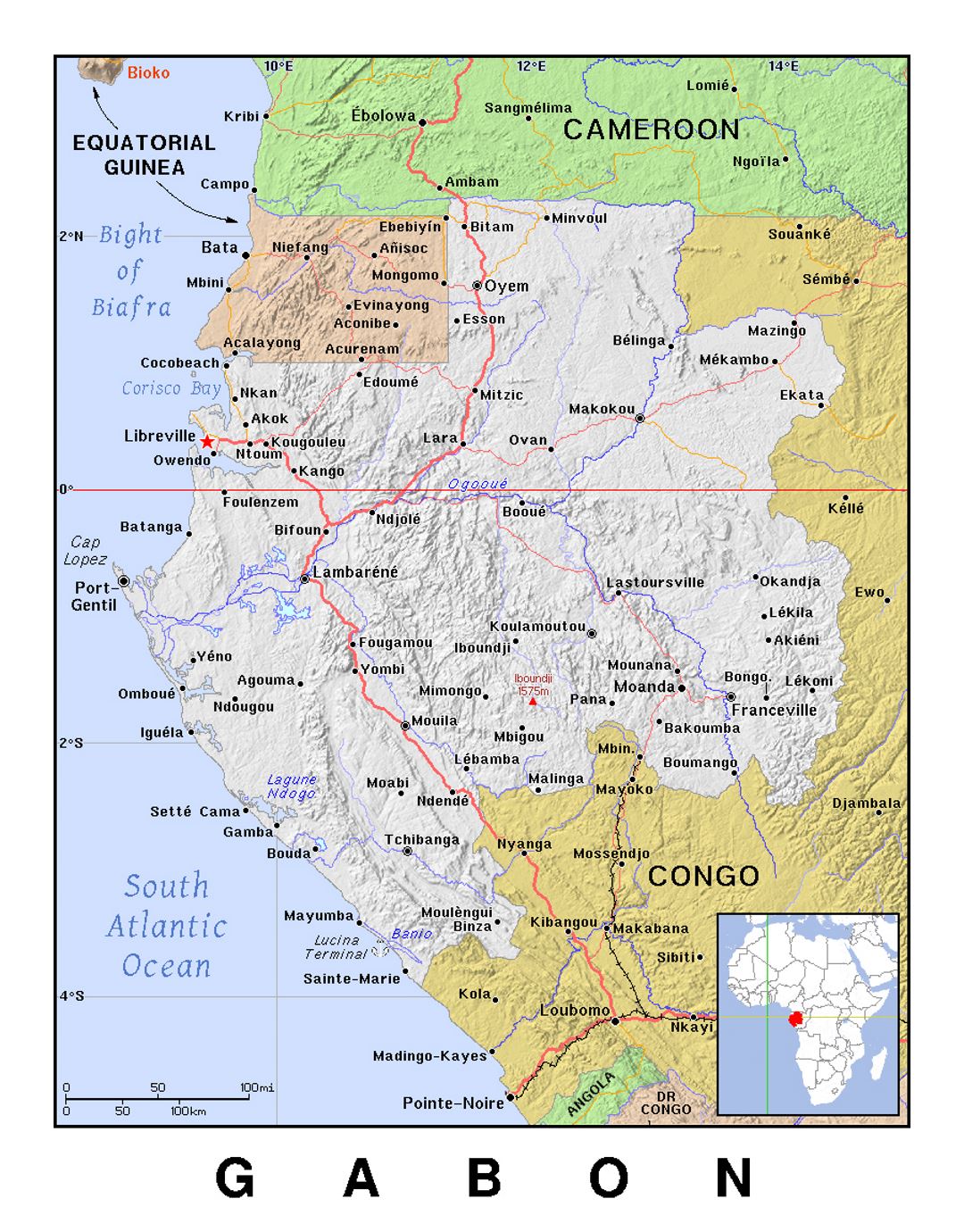 Detailed political map of Gabon with relief