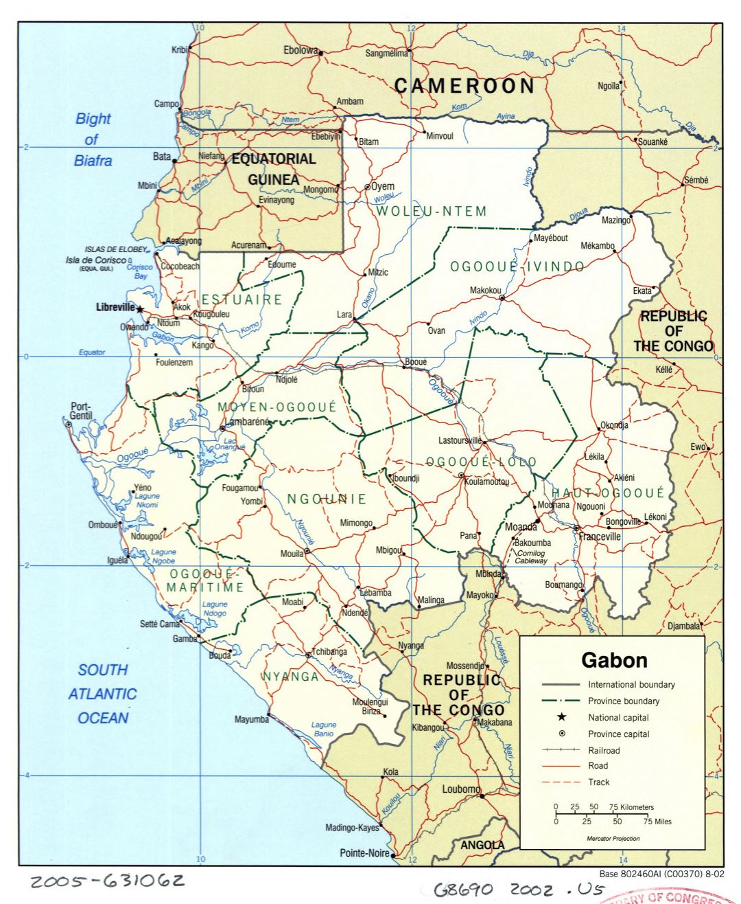 Large detailed political and administrative map of Gabon with roads, railroads and cities - 2002
