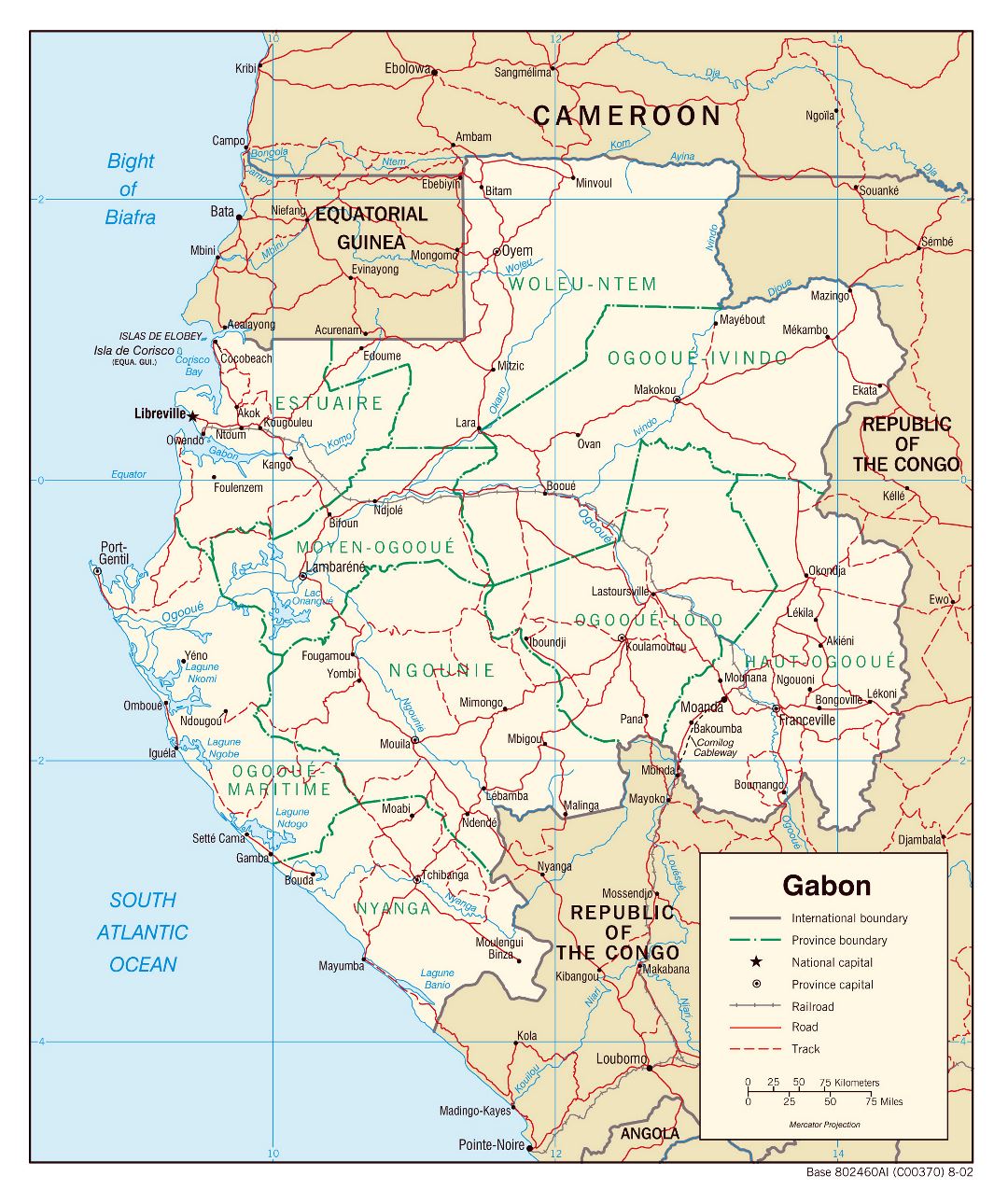 Large detailed political and administrative map of Gabon with roads, railroads and major cities - 2002