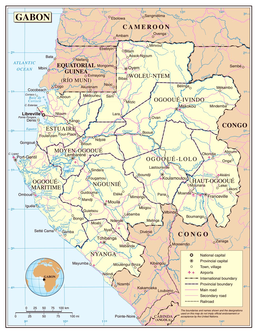 Large detailed political and administrative map of Gabon with roads, railroads, cities and airports