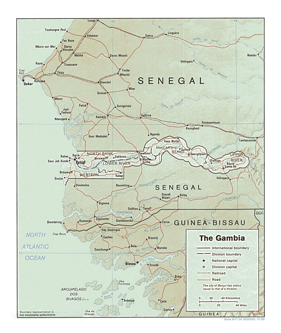 Detailed political and administrative map of Gambia with relief, roads, railroads and major cities - 1988