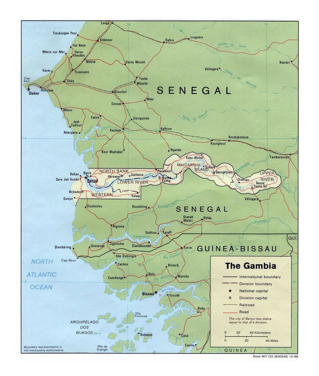 Detailed political and administrative map of Gambia with roads, railroads and major cities - 1988