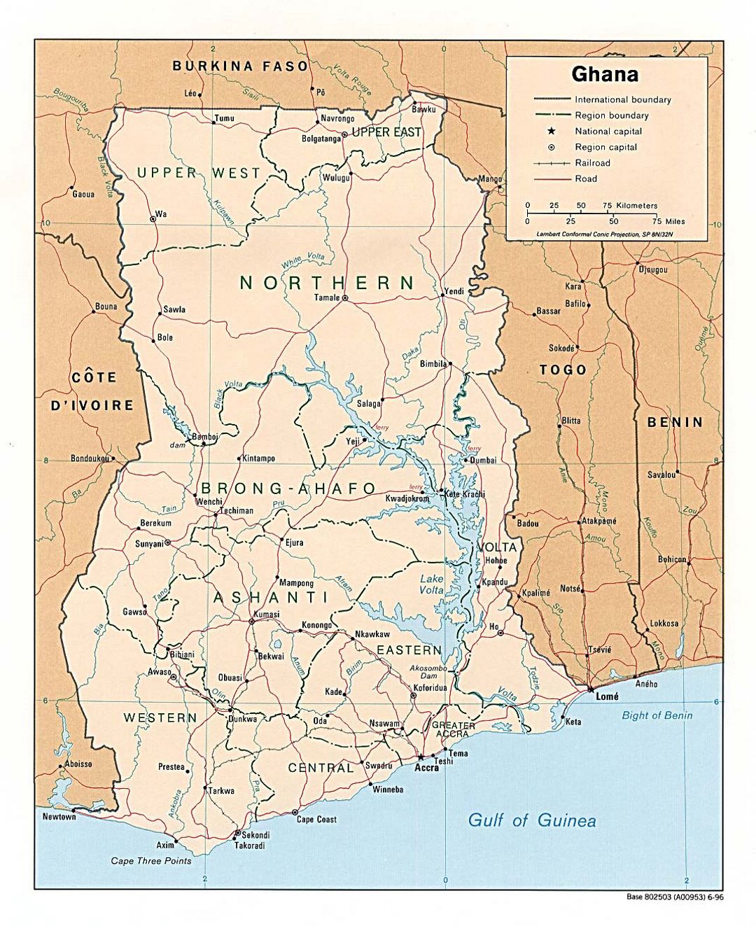 Detailed political and administrative map of Ghana with roads, railroads and major cities - 1996