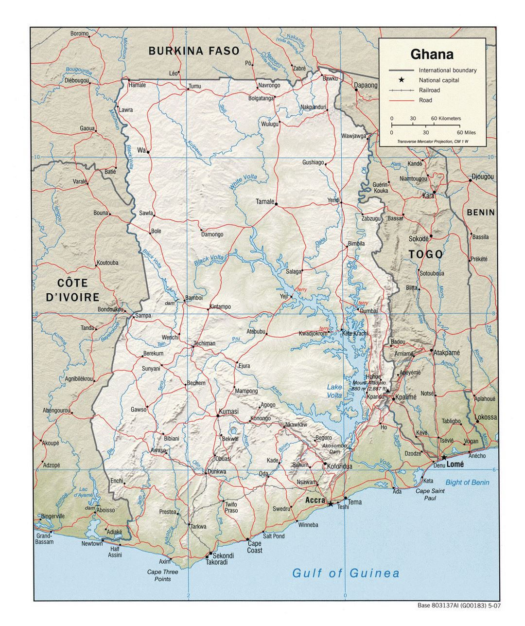 Detailed political map of Ghana with relief, roads, railroads and cities - 2007