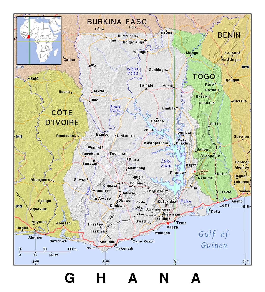 Detailed political map of Ghana with relief