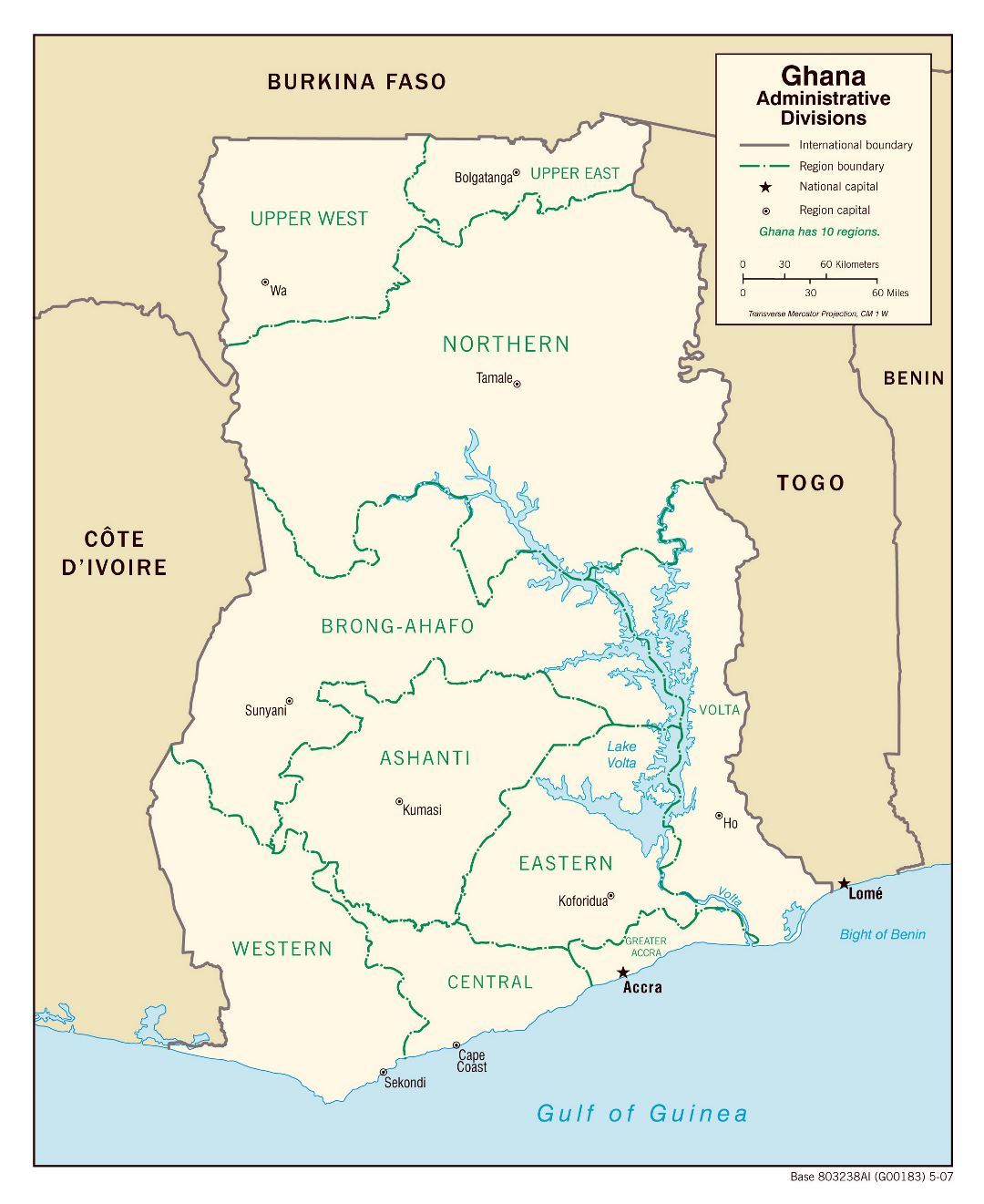 Large administrative divisions map of Ghana - 2007
