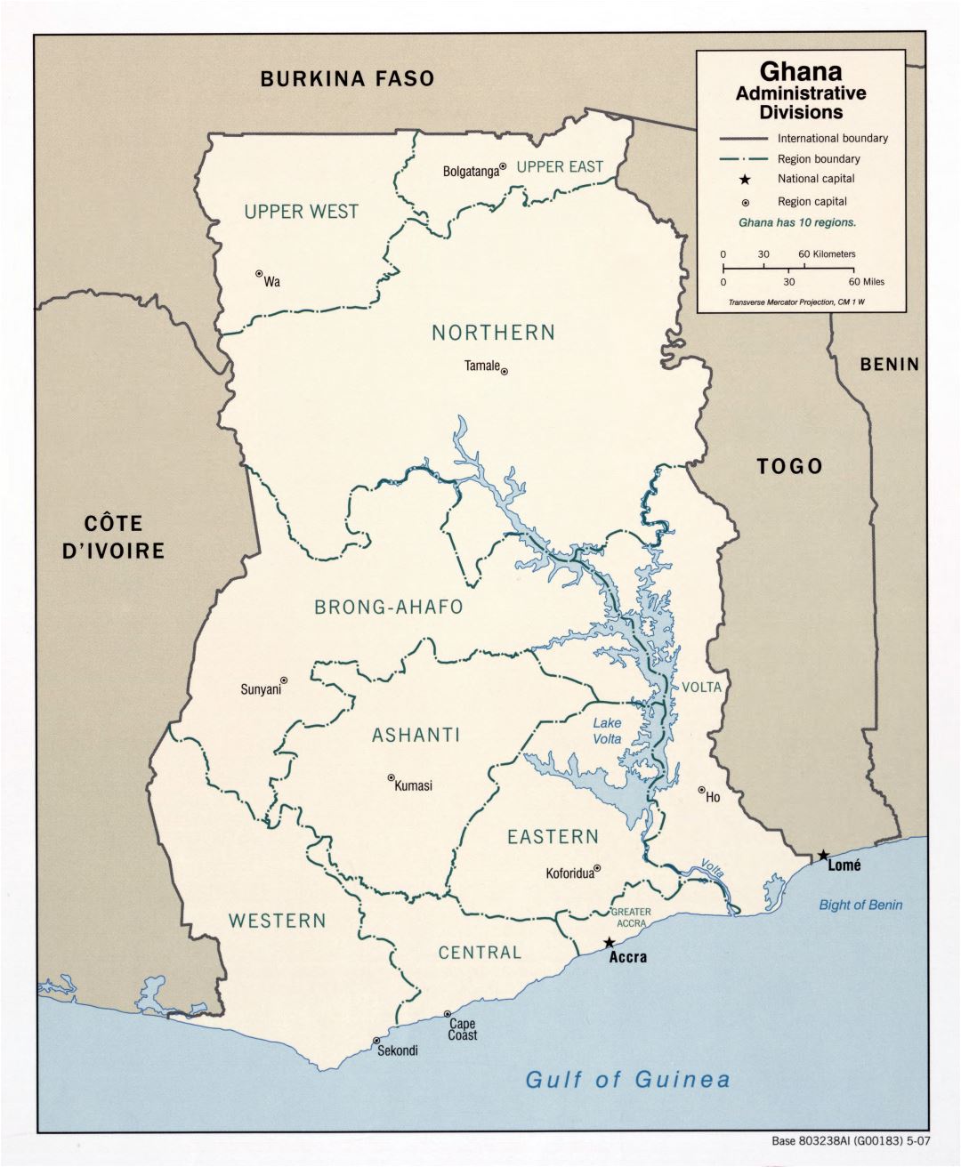 Large detailed administrative divisions map of Ghana - 2007