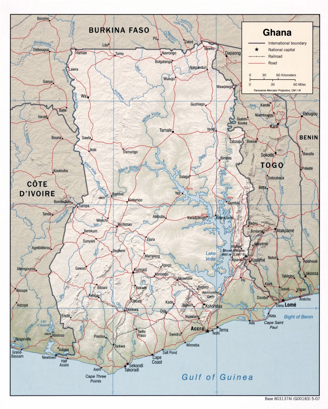 Large detailed political map of Ghana with relief, roads, railroads and major cities - 2007