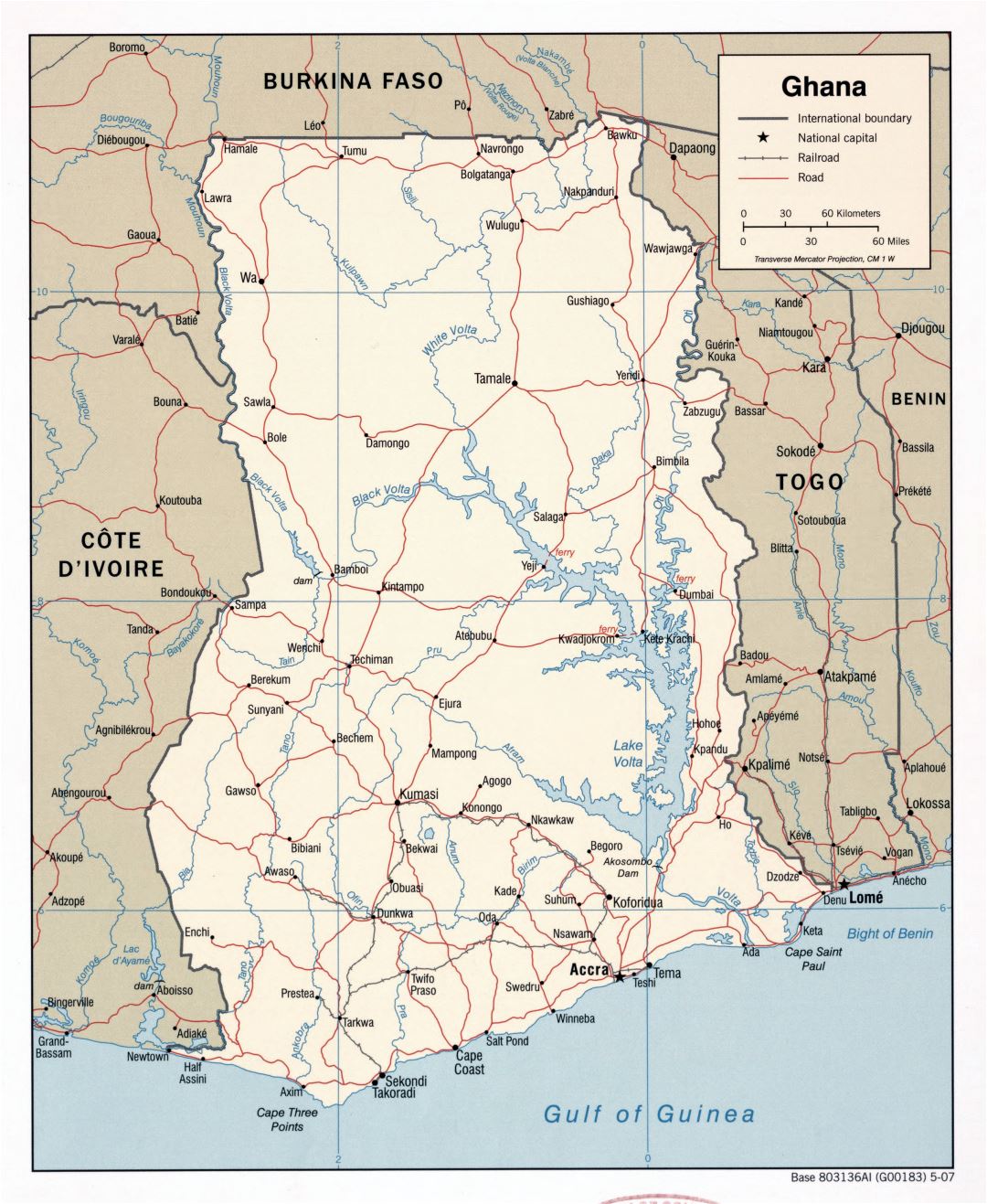 Large detailed political map of Ghana with roads, railroads and major cities - 2007
