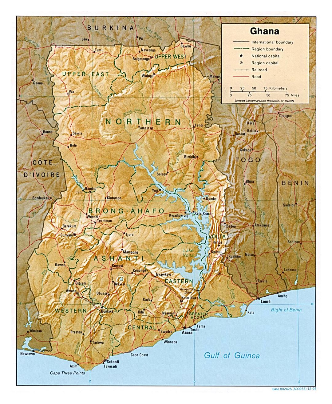 Large political and administrative map of Ghana with relief, roads, railroads and major cities - 1995