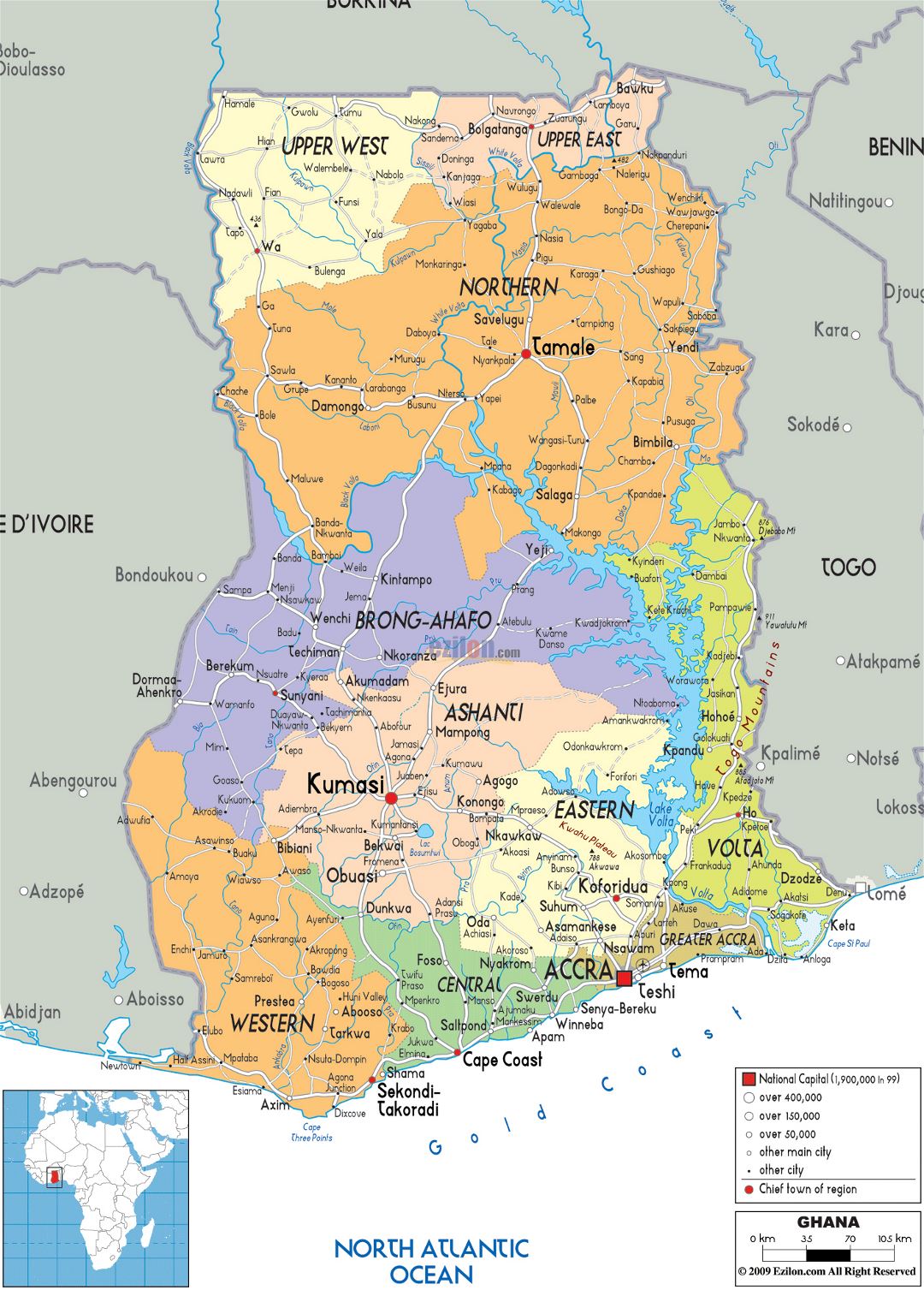 Large political and administrative map of Ghana with roads, cities and airports