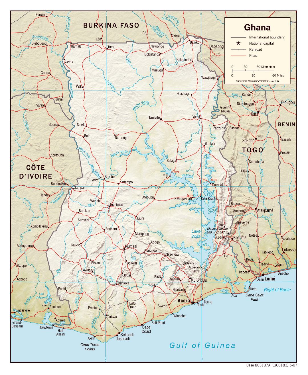 Large political map of Ghana with relief, roads, railroads and cities - 2007