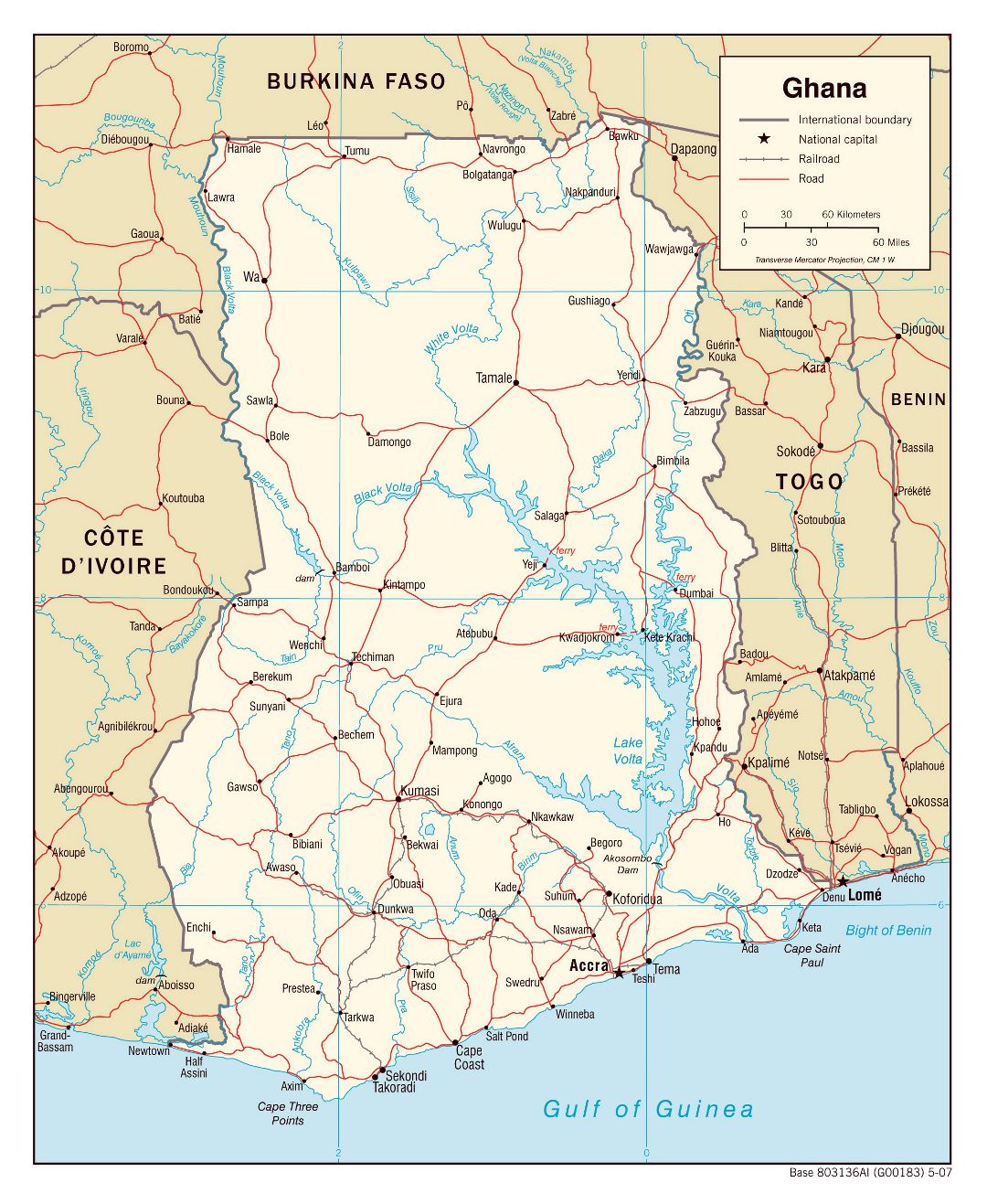 Large political map of Ghana with roads, railroads and cities - 2007