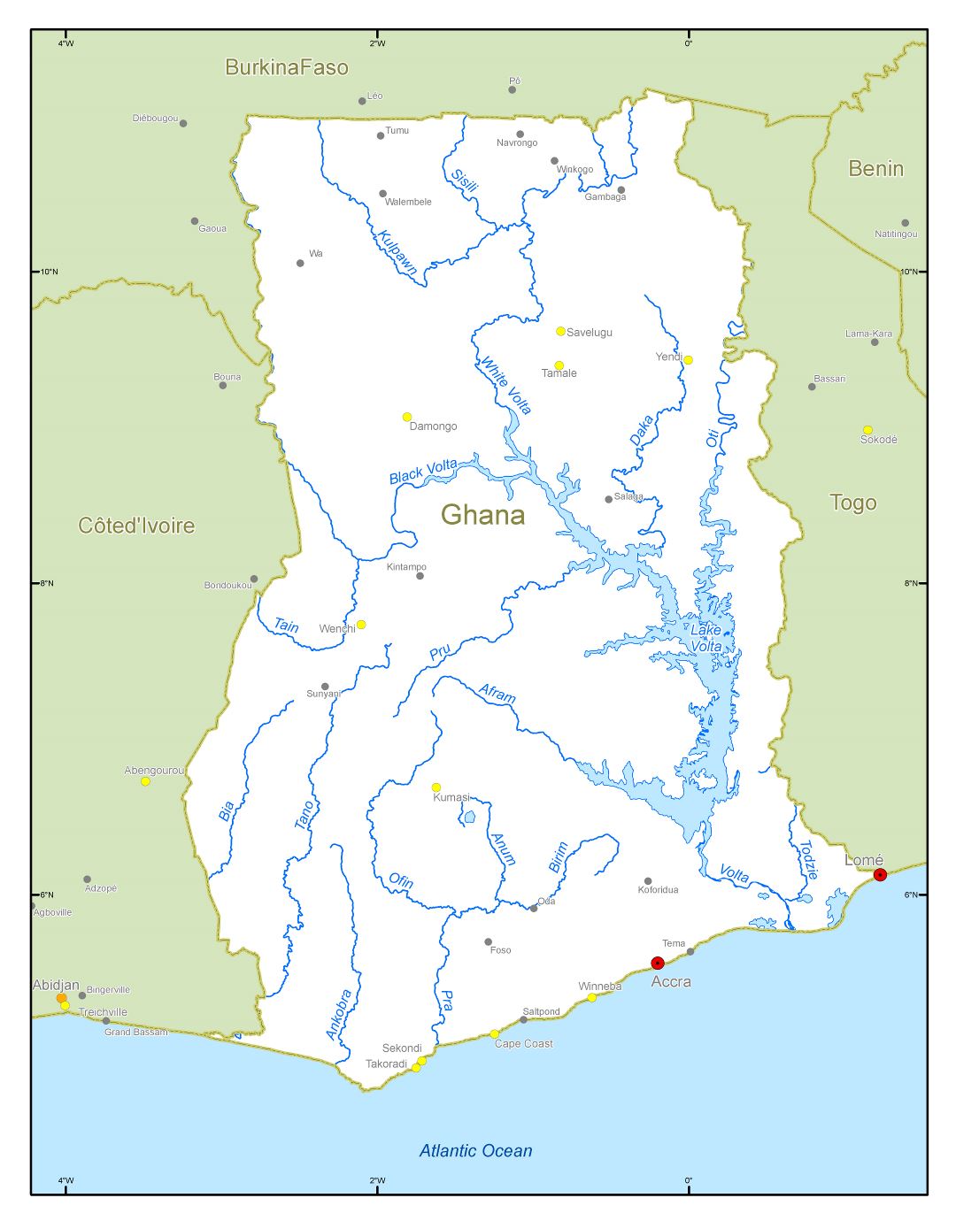 Large scale rivers and lakes map of Ghana