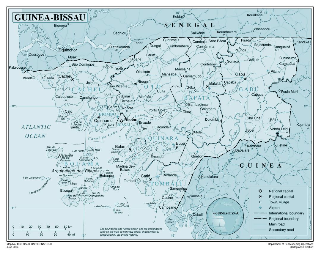 Large detailed political and administrative map of Guinea-Bissau with all cities, roads, railroads and airports