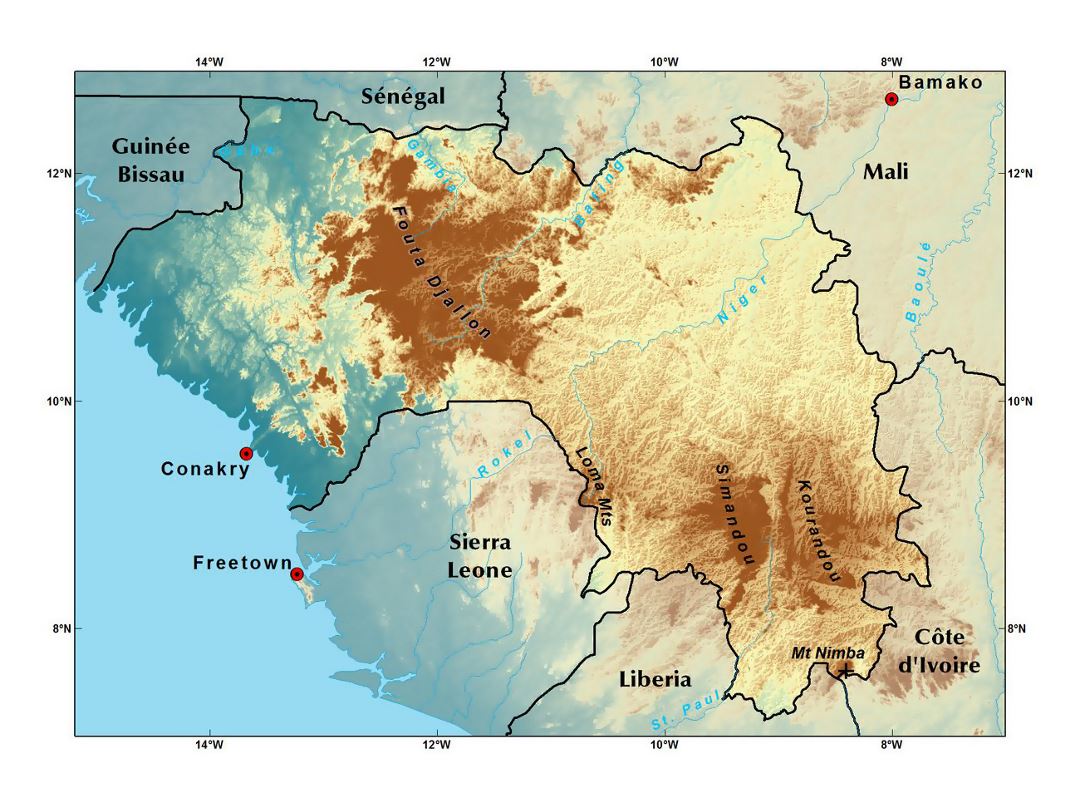 Detailed elevation map of Guinea